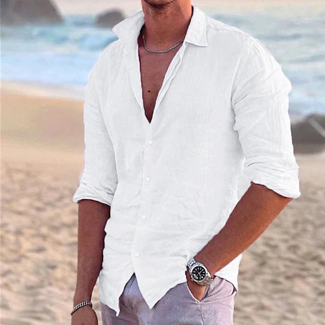 Men's Linen Shirt Casual Breathable Cotton-Linen Blend for Summer